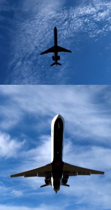 Composite photo with two airplanes against sky background, one appearing small and another appearing larger