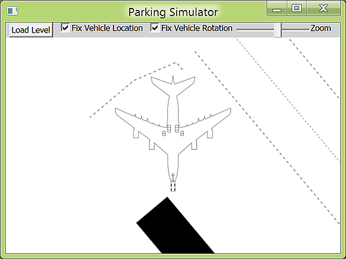 black and white outline of large airliner connected to pushing tractor in center with terminal building at bottom
